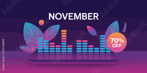 Graphic with November text atop audio visualizers and leaves promoting 70 off in a circular burst design