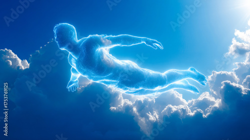 A glowing figure of a man calmly swimming in a relaxed diagonal position, surrounded by bright white clouds under a clear blue sky
