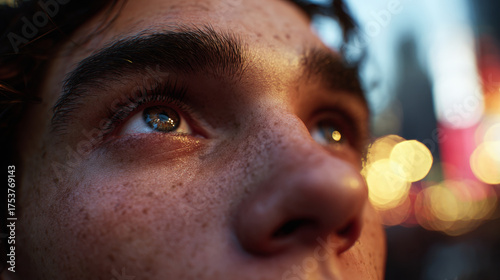 Close-up portrait of a young man looking up with obvious surprise