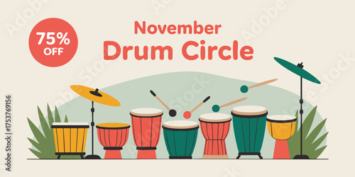 Illustration of a November drum circle featuring drums cymbals and drumsticks 75 OFF is included