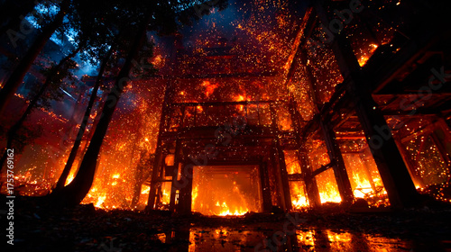Falling fire in a warehouse