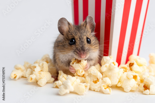 mouse eating popcorn from a box as a movie snack, highlighted on a white background