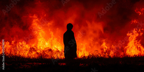 Silhouette standing in the middle of a background of fire