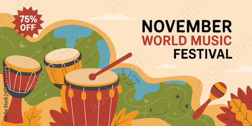 Illustration of musical instruments drums maraca leaves with November World Music Festival and 75 Off text overlays