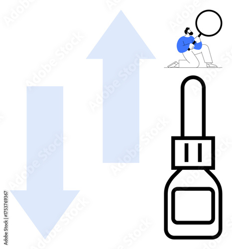 Large up and down arrows, dropper bottle, and man examining closely with a magnifier. Ideal for growth comparison, exploration, analysis, investigation, progress, research simple flat metaphor