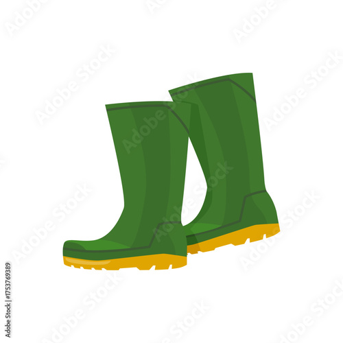 Illustration of Green Rubber Boots with Yellow Soles on White Background