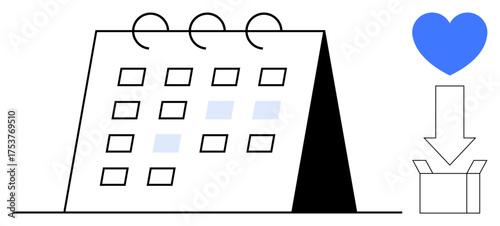 Spiral calendar with marked dates, blue heart symbol, and box with downward arrow. Ideal for scheduling, charity, organization, giving, planning time management sharing. Clean flat metaphor