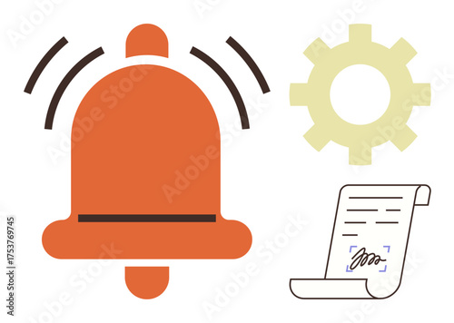 Vibrating bell, gear, and signed document symbolize notifications, settings, workflow, and task management. Ideal for productivity, alerts agreements automation reminders processes. Simple flat