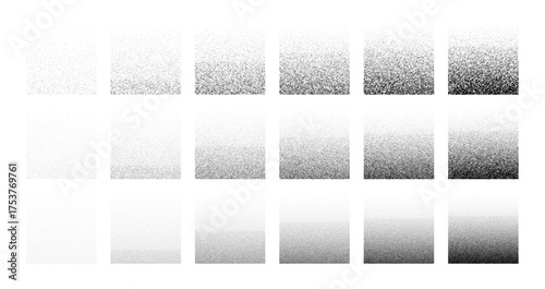 Dot grain stipple noise vector gradient set. Halftone gradient scatter square shape pattern for texture or background overlay.