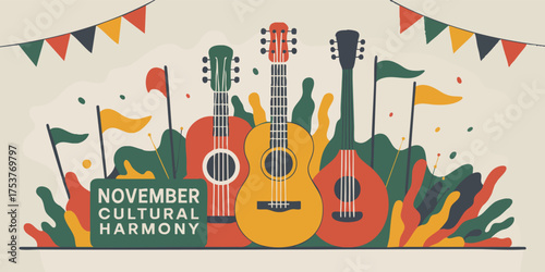 Three guitars behind a sign for November Cultural Harmony amid flags and pennants