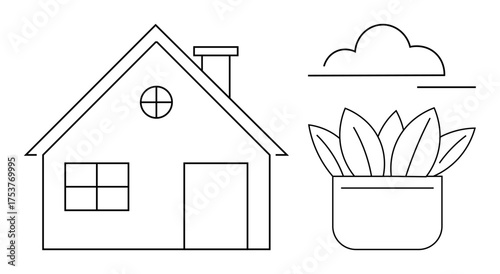 Simple house with chimney, round and square windows, potted plant with leaves, and cloud. Ideal for home, sustainability, real estate, minimalism eco-living gardening and outdoor concepts. Clean