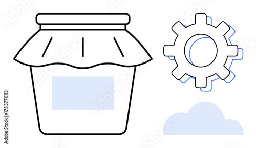 Jam jar with fabric lid, gear depicting settings or processes, and a cloud for digital storage. Ideal for teamwork, digital tools, cloud computing, productivity, management, customization simple