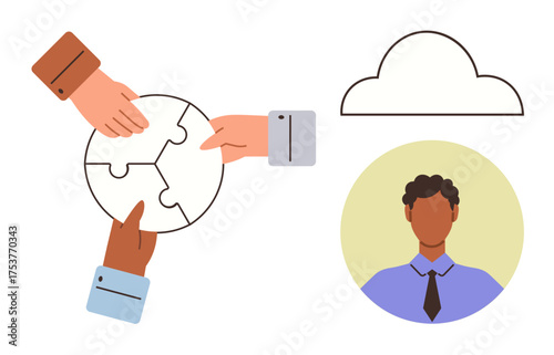 Hands connecting puzzle pieces in circle, cloud figure above, and portrait of businessperson. Ideal for teamwork, problem-solving, connection, cloud storage, communication, leadership simple flat