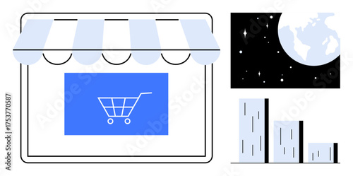 Storefront window with a cart icon, globe representing global reach, and bar chart showing business growth. Ideal for e-commerce, global trade, market analytics, retail, business expansion, digital