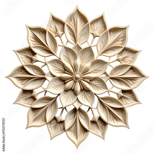 Ornate carved wooden rosette with intricate floral petal design.