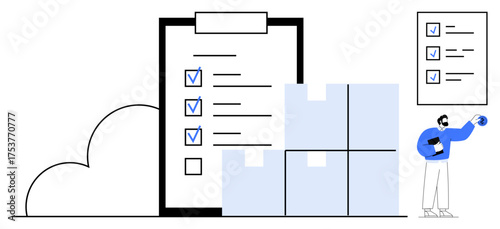 Checklist clipboard with marked tasks, stacked boxes, and person managing tasks. Ideal for productivity, organization, logistics, warehouse, shipping supply chain planning. Simple flat metaphor