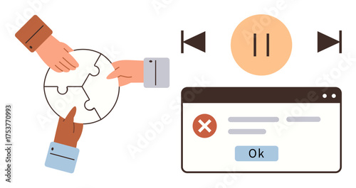 Diverse hands connecting puzzle pieces symbolizing teamwork, paired with media controls and error message. Ideal for cooperation, decision-making, productivity, problem-solving, software, workflow