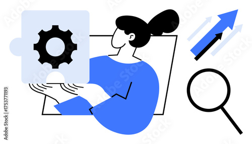 Woman holding gear puzzle piece, growth arrows representing progress, and magnifying glass symbolizing search. Ideal for problem-solving, innovation, strategy, growth, research, analysis simple flat