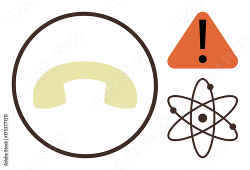 Minimalist phone receiver, caution sign, and atom diagram concept suggesting connectivity, warning, and scientific progress. Ideal for communication, technology, urgency, safety innovation