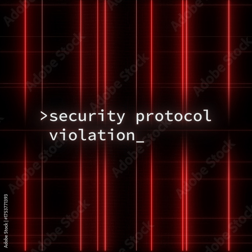 Red laser beams background with glowing text security protocol violation. Concept of data breach, hacking, digital warning and cyber attack.