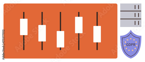 Candlestick chart indicating analytics, GDPR compliance shield for data security, and database icon symbolizing storage. Ideal for data compliance, analytics, privacy, regulation, governance