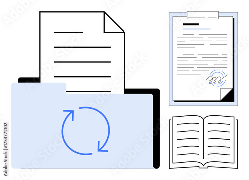 Folder with synchronization icon, open document, contract with signature loop, and book. Ideal for data management, document sharing, workflow, contracts, organization archiving simple flat