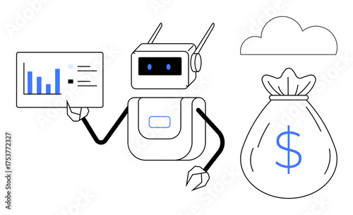 Robot with antenna holding chart featuring bar graph, large dollar-sign money bag, and cloud. Ideal for technology, finance, automation, AI, analytics fintech cloud computing. Simple flat metaphor