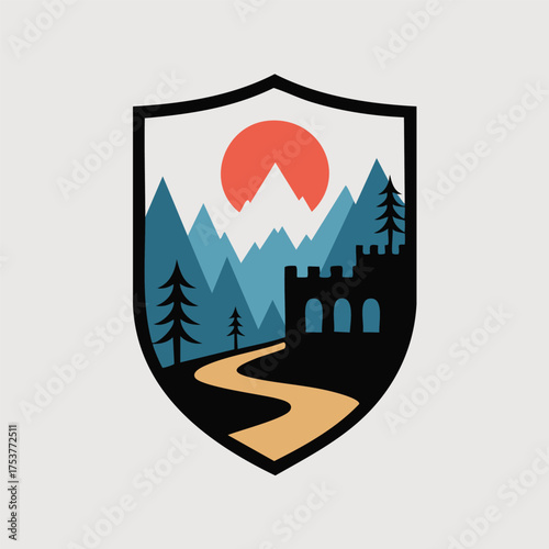 Scenic mountain landscape emblem with an ancient castle fortress, winding path, and sun, a minimalist vector illustration for travel and adventure