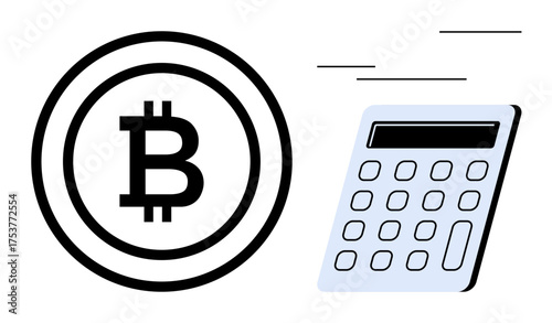 Bitcoin currency icon alongside a calculator, symbolizing financial planning, cryptocurrency economy, payments, investments, and digital transactions. Ideal for fintech, blockchain, analysis