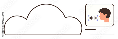 Cloud-shaped element alongside profile recognition panel showing voice wave analysis. Ideal for technology, data storage, AI, cloud computing, user authentication, digital identity, simple flat