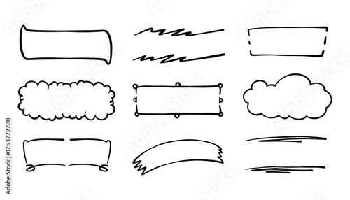 Hand drawn brush stroke banners and frames set. Includes cute doodle labels, rustic ornaments, and highlight shapes. Great for creative text design, quotes, badges, and decorative templates.