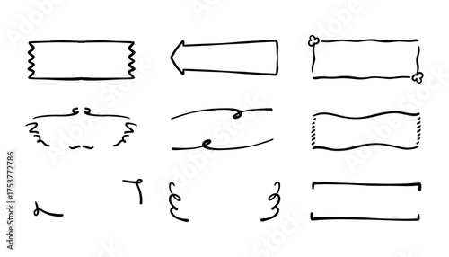 Collection of hand drawn text boxes, banners, and frames. Rustic brush stroke style with cute tags, labels, and ornaments. Ideal for headlines, notes, badges, and creative decoration elements.