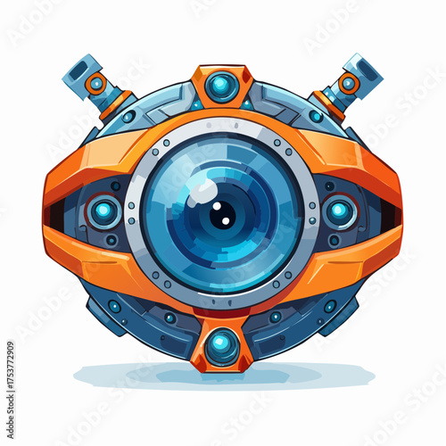 Futuristic Robotic Eye Device with Orange and Blue Metallic Aesthetics in Illustration