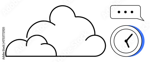 Cloud with chat bubble and analog clock. Ideal for cloud storage, communication, collaboration, remote work, scheduling, productivity, tech innovation. A simple flat metaphor