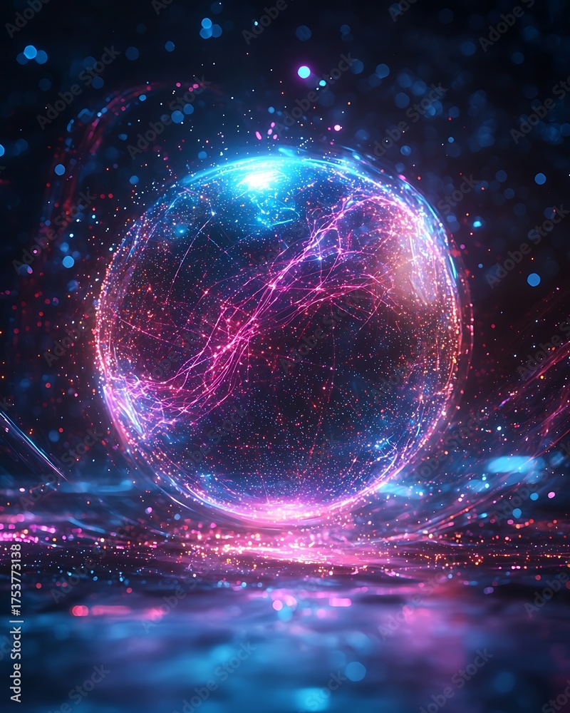 Obraz premium Neon electric orb glowing with vibrant cyberspace energy grid picture