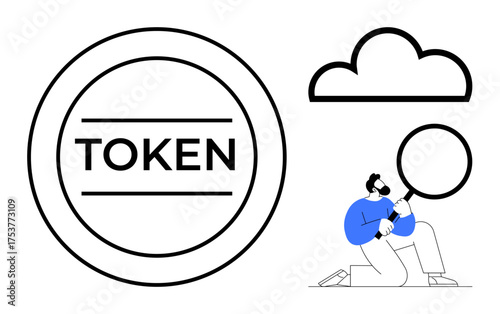 Circular token design, cloud icon, man kneeling with a magnifying glass, examining data. Ideal for blockchain, cryptocurrency, cloud computing, data analysis, research technology digital