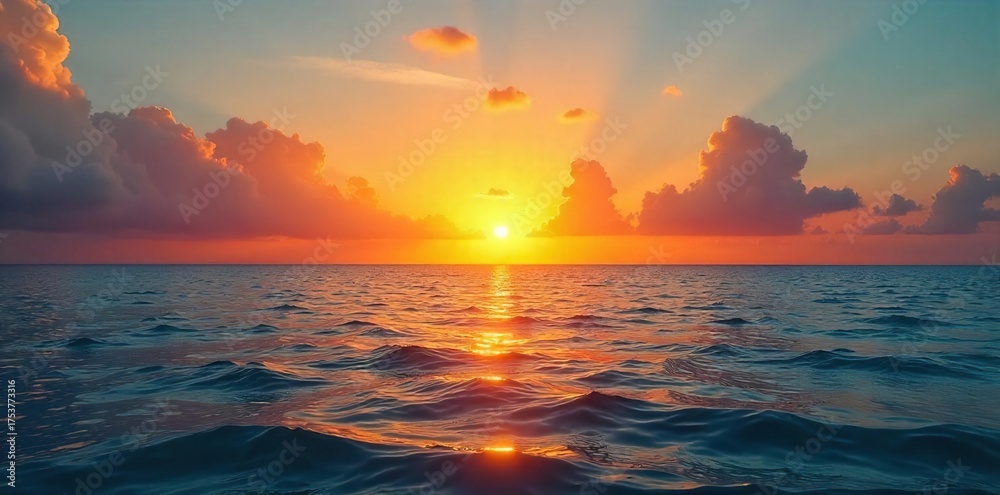 Fototapeta premium Golden Sunset over Tranquil Ocean Serene Evening Seascape, Perfect for Travel and Relaxation
