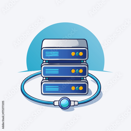 Illustration of a data server stack connected with a circular cable, hosting information