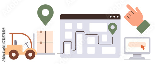 Forklift moving packages, digital map with route pins, hand pointing, and computer screen. Ideal for delivery, supply chain, navigation, tracking shipping warehouse and remote management. Simple