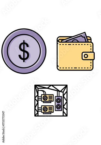Flat Vector Icons Money Wallet and Crypto Mining