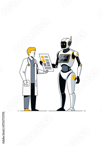 Doctor and Ai Robot Discussing Medical Healthcare Data