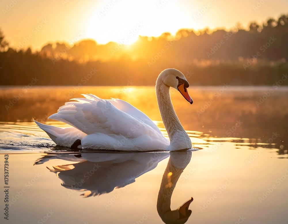 Obraz premium Elegant swan gliding on lake at sunset, romantic golden reflection