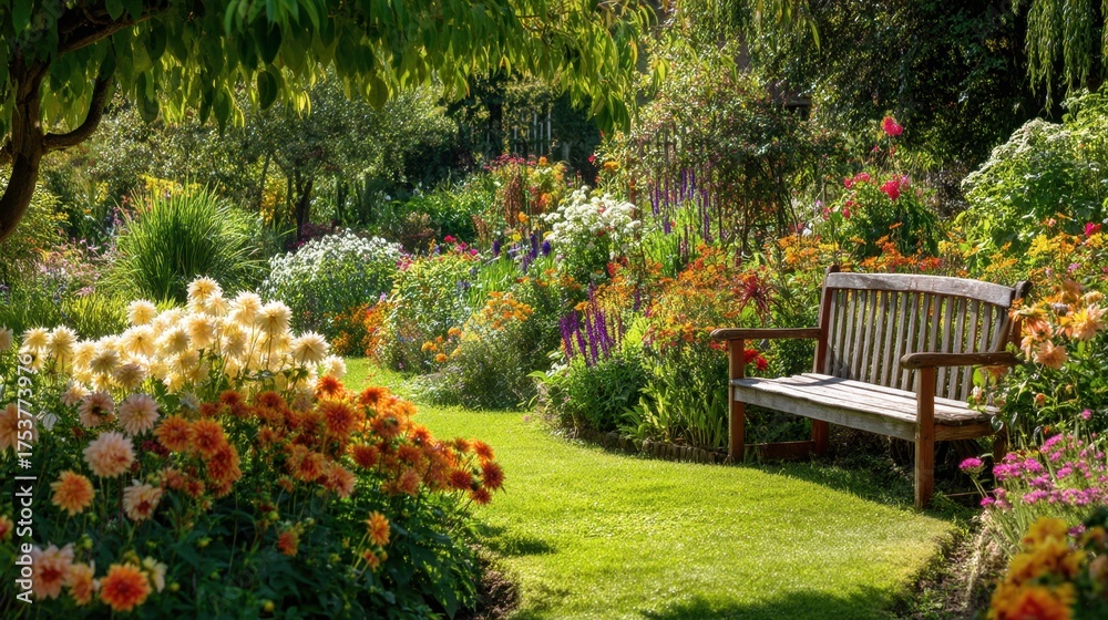 Obraz premium Serene Garden Pathway Surrounded by Vibrant Flowers and a Peaceful Wooden Bench for Relaxation in a Lush Landscape of Nature's Beauty