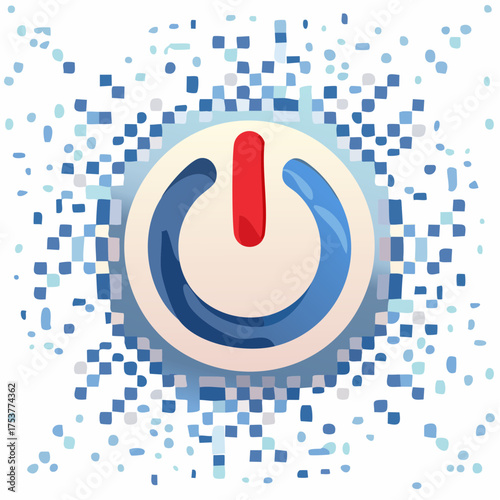 Illustration of a power button icon with a vibrant design and pixelated background details
