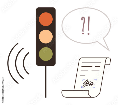 Traffic light emitting sound waves, signed contract scroll, and speech bubble with punctuation. Ideal for law, traffic control, communication, compliance, enforcement, decision-making simple flat