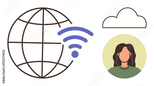 Wireframe globe with wireless icon, cloud symbol, and female user icon. Ideal for remote work, communication, internet access, technology, networking global business cloud storage. Simple flat