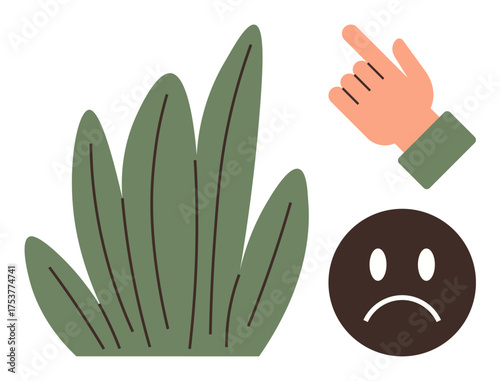 Hand pointing at unhappy face beside green plant, combining nature and disapproval. Ideal for mental health, growth, feedback, guidance, nature, emotions environmental awareness. Simple flat