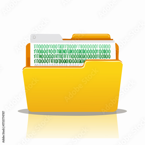 Illustrative depiction of a digital file folder containing binary code data representation