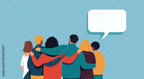 A diverse group of friends stands together, arms around each other, with a speech bubble overhead, symbolizing unity, support, and communication, perfect for social or community concepts.