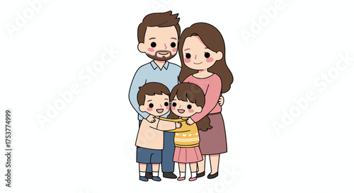 A happy, diverse family of four, including parents and two young children, embracing together in a warm, loving, and joyful cartoon illustration.